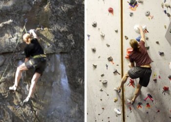 In this combo of images from video provided by Dartmouth College, a climber ascends an outdoor rock face, left, on Dec. 12, 2015 in Rumney, N.H., and another climber ascends a replica indoor climbing wall, right, on Jan. 16, 2016, in Hanover, N.H. Using three-dimensional geometry, the three-dimensional replica of the rock wall was created by tracking a climber's hand and foot positions and by estimating the contact forces. (Christos Mousas/Dartmouth College via AP)